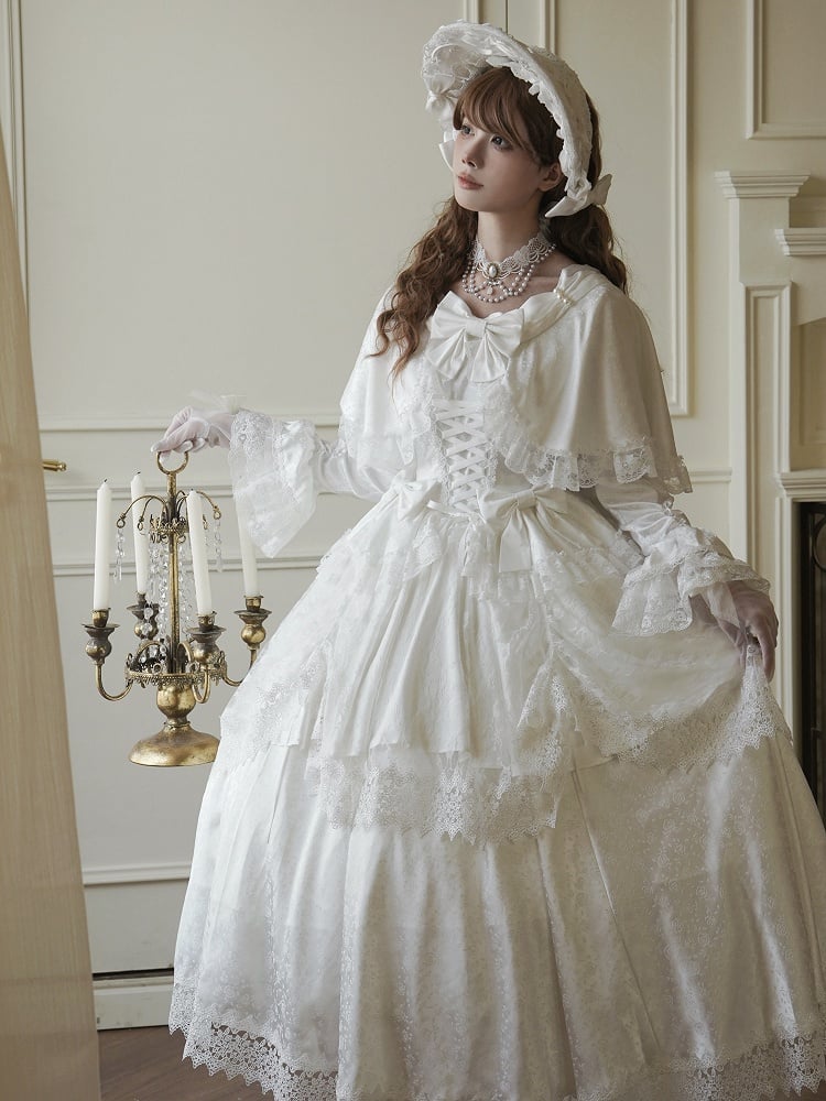 Weißes Cape-Design Shiro-Kleid Rosettenstoff Hanayome Lolita Einteiler