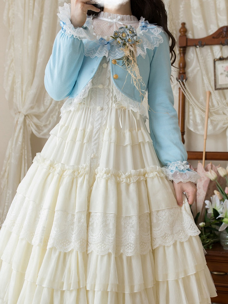 mit abgeschnittener Spitze Herbst Baby Lolita Blau Cardigan Schleife und Akzentbesatz