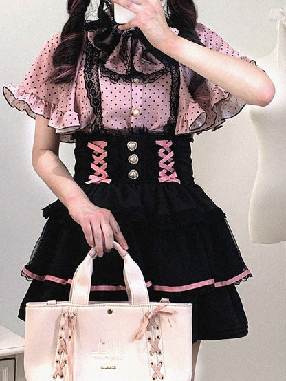 Chiffon Sleeve Polka-dot White/Black Cape Blouse: Jirai Kei