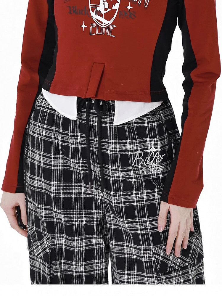 ブラック＆グレーの文字入りカーゴポケットデザインチェックパンツ