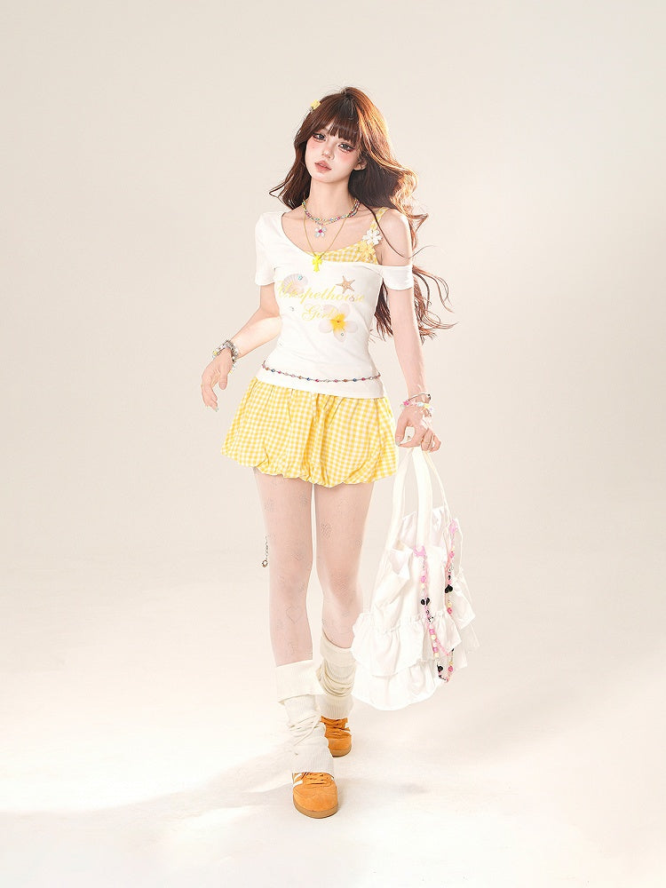 Yellow/Red Plaid Drawstring Waist Bubble Skirt