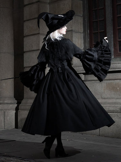 Lolita Bell Pointed Clearance-Size Long M Bust 90CM Gothic Witchy Sleeves Dress Collar Black for