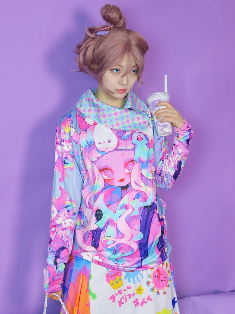 Cartoon Print Neck Top Turtle Oversized Colorful Pattern Long Plaid Sleeves Y2K