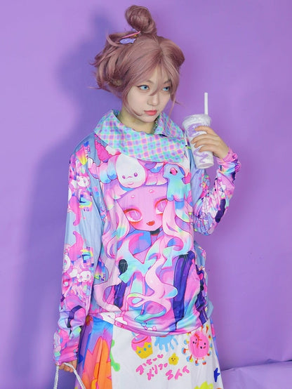 Cartoon Print Neck Top Turtle Oversized Colorful Pattern Long Plaid Sleeves Y2K