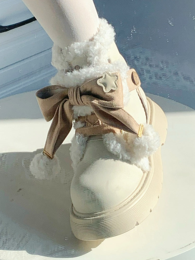 - Apricot Pompom 5.5cm Platform Fastening Lolita Bow Sweet Beige with Lining Ankle Boots Dual Plush