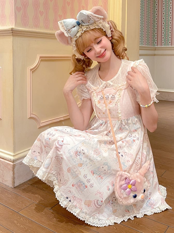 Jumper Pink Flutter Sleeves Kitten and Cake Print Sweet Lolita Dress Skirt