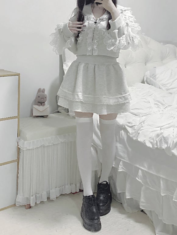 Collar Skirt Closure Sports Set- Sailor Trim Zip Hoodie+Lined Lace Ruffled Gray Jirai Kei