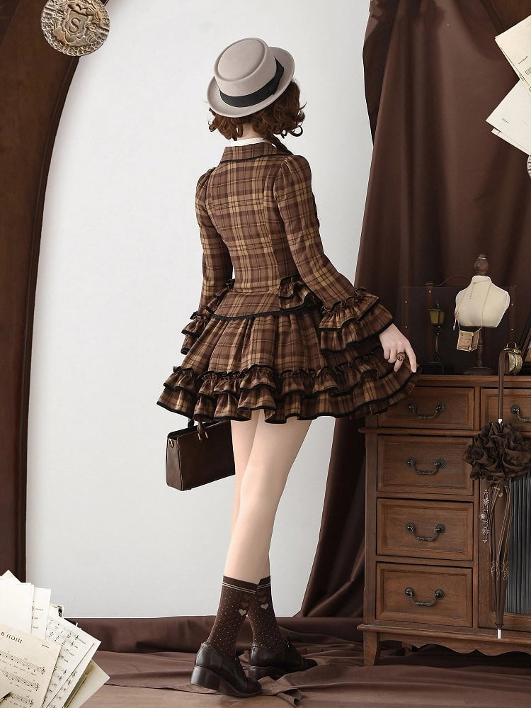 School Brown Blazer Old Notched Skirt Ruffled Plaid + - Lapel Lolita Set