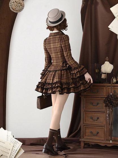 School Brown Blazer Old Notched Skirt Ruffled Plaid + - Lapel Lolita Set