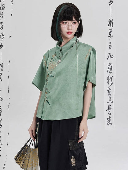Green Chinese Embroidery Asymmetrical Short-Sleeve Shirt - Qing Tang Original
