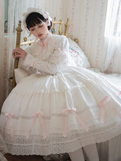 School Lolita Accents and OP Dress Pink Edward Old White Neck Cotton Bow Set