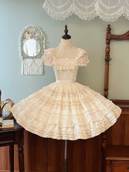 Pleating Details Classic Ruffle Trims Lolita Dress and Elegant Beige
