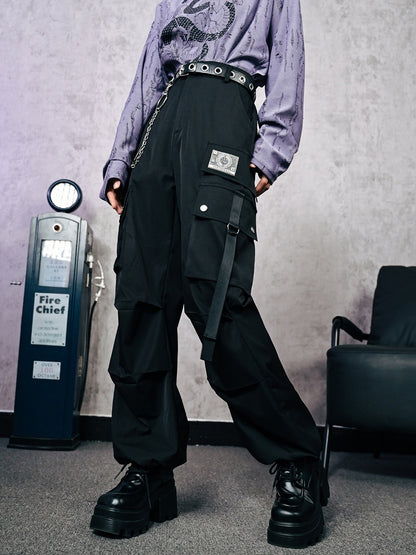 Embroidered Gothic Pockets Cheongsam Eyeball Cargo Cuffs with Black Drawstring Pants