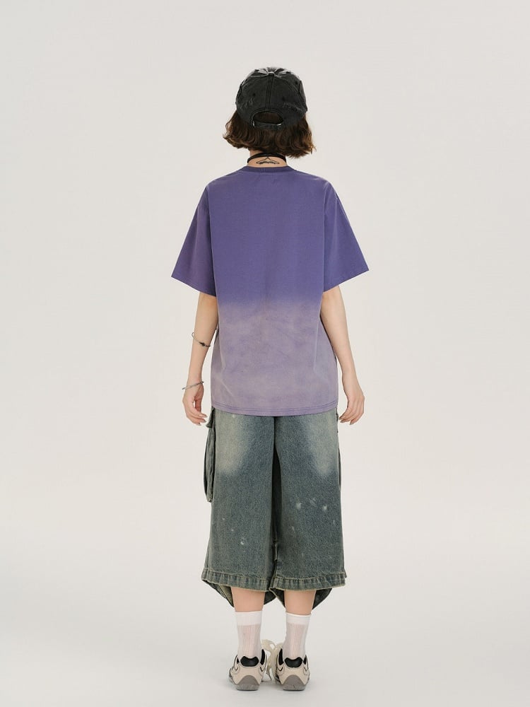 Vintage Purple Faded Wash Design Short Sleeve T-Shirt with Cartoon Print - Girlyhalo
