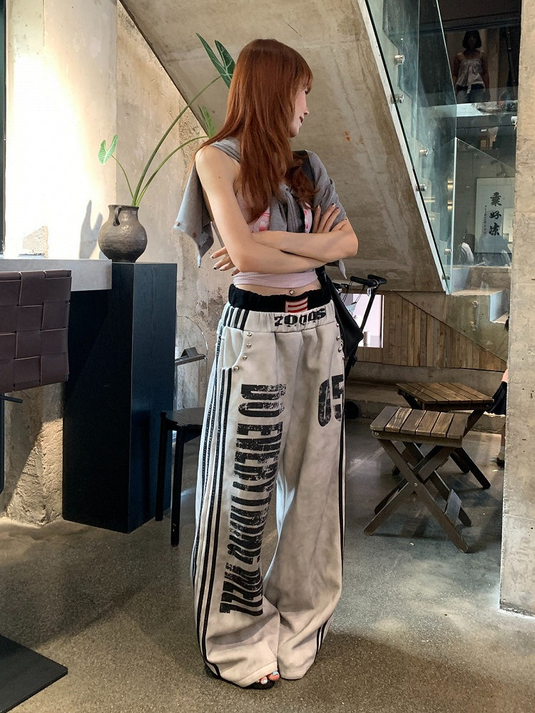 Washed Grey Double Waistband Loose Sweatpants Letter Print - DETW OnLine