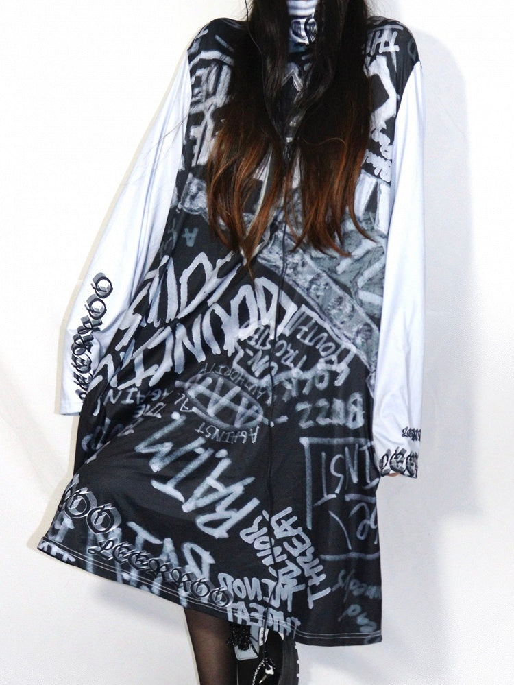 Modedruck Gyaru Kleid Grau Buchstabe