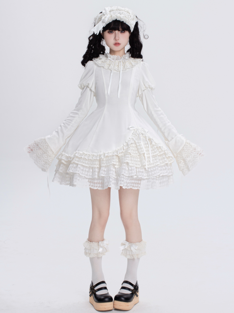 All White Ruff Collar Old School Long Sleeves Shiro Lolita Dress