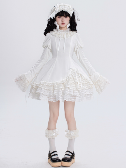 All White Ruff Collar Old School Long Sleeves Shiro Lolita Dress