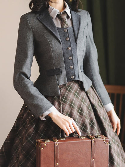 with Buttons Metal Cropped Blazer Autumn/Winter Gray Vintage