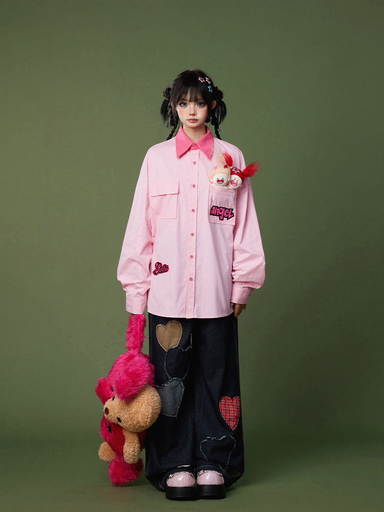 Collar Patches Pink Contrast Letter Embroidered with Shirt