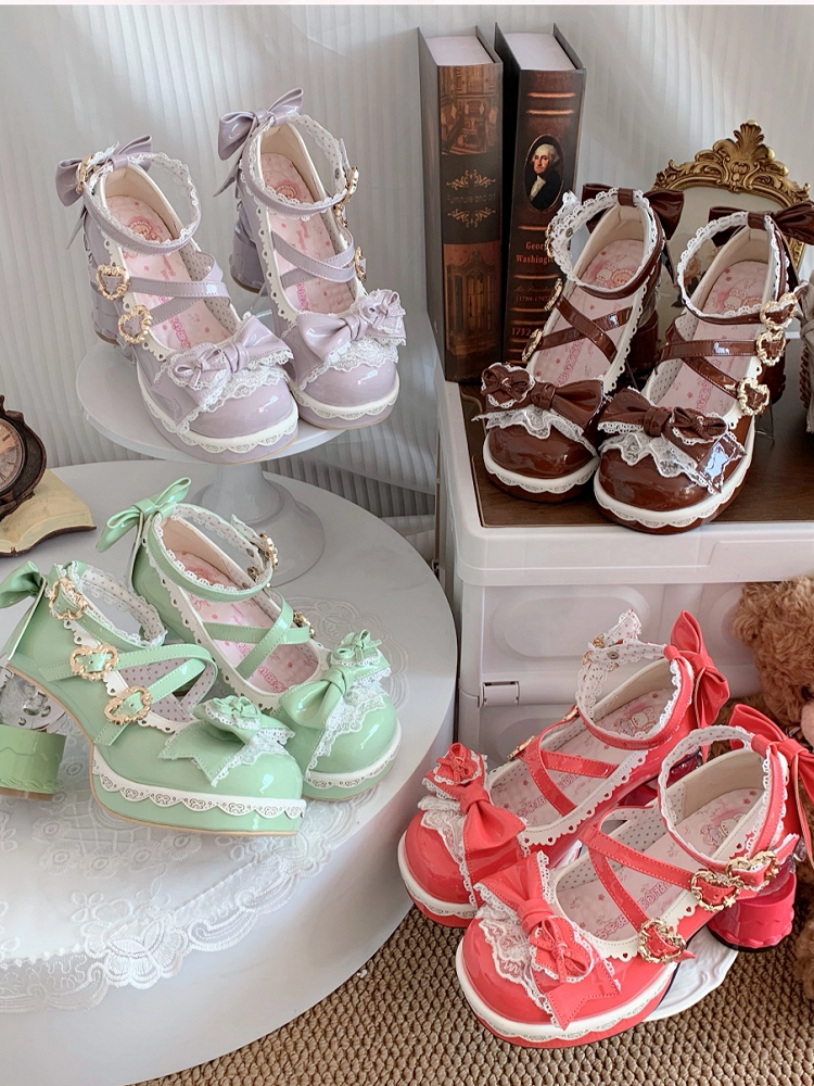 Lace-edged Platforms Transparent Ball-shaped Rose Heels Bow Pink PU - Lolita