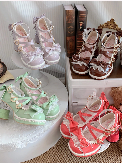 Lace-edged Platforms Transparent Ball-shaped Rose Heels Bow Pink PU - Lolita