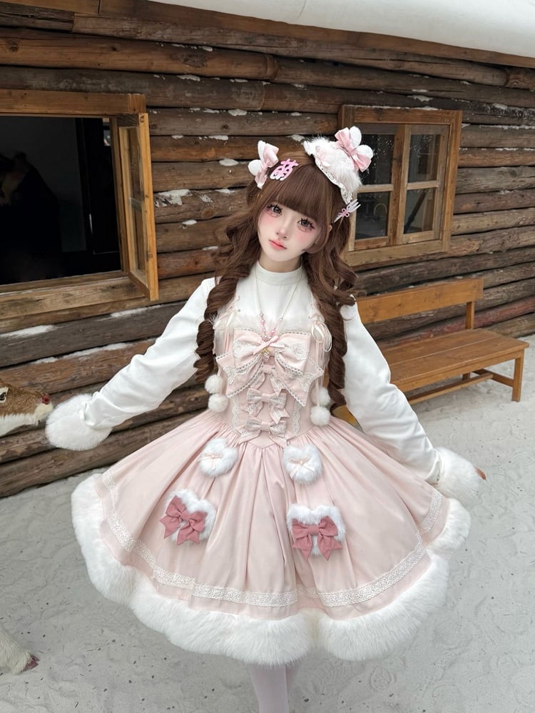 Fake OP Cuffs Winter Long Pink with and Hemline Lolita Sleeves Dress Sweet Two-pieces Plush