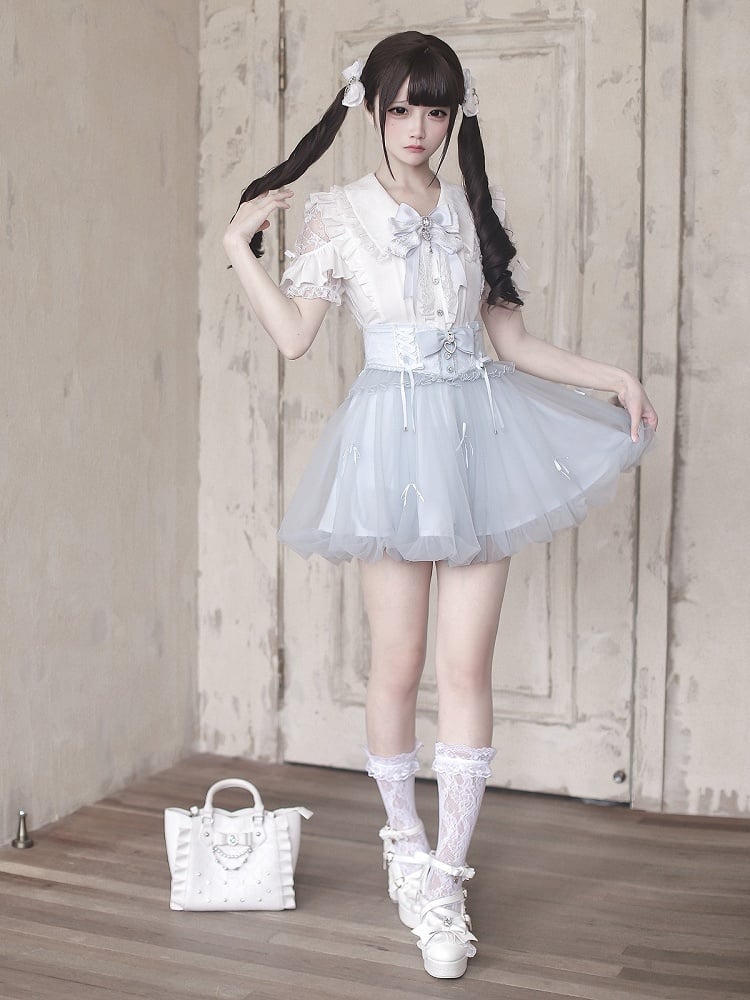 Blue Bubble Skirt with Detachable Rhinestone Bow - Ekomi