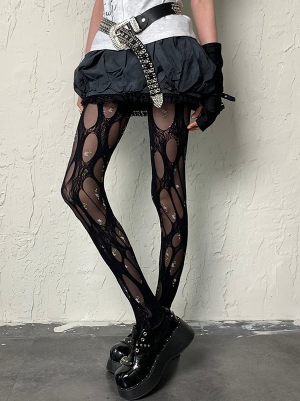 Florale Y2K Strumpfhose Schwarzes Muster
