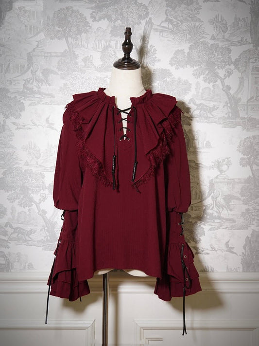 Ouji Red Lace-up Long Details Pirate Sleeves Vibes Shirt Lolita with