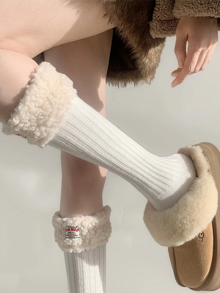 Socks Calf Ribbed Fur Faux Trim