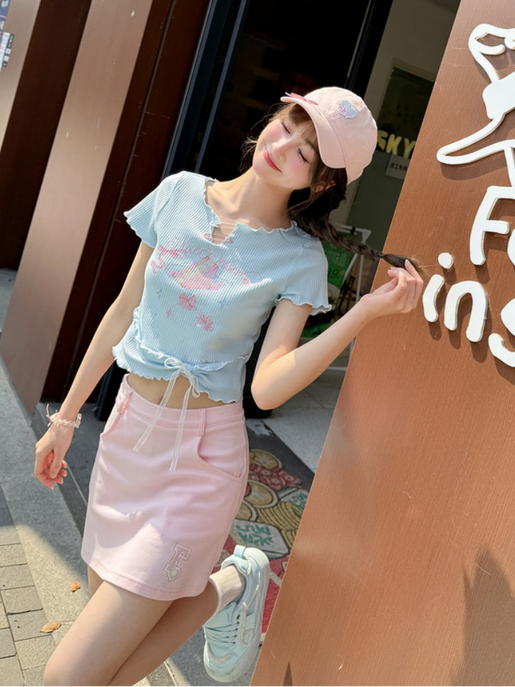 ネックラインピン スイートTシャツ ピンク/ブルー ケーキプリントディテール 裾レタス裾 大きなリボン