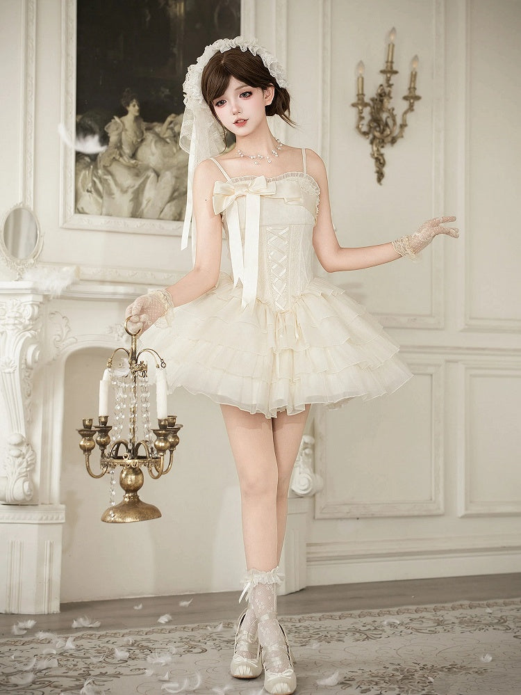 Boned Corset Waist Spaghetti Straps Dress Lolita JSK with Tiered Skirt - With PUJI