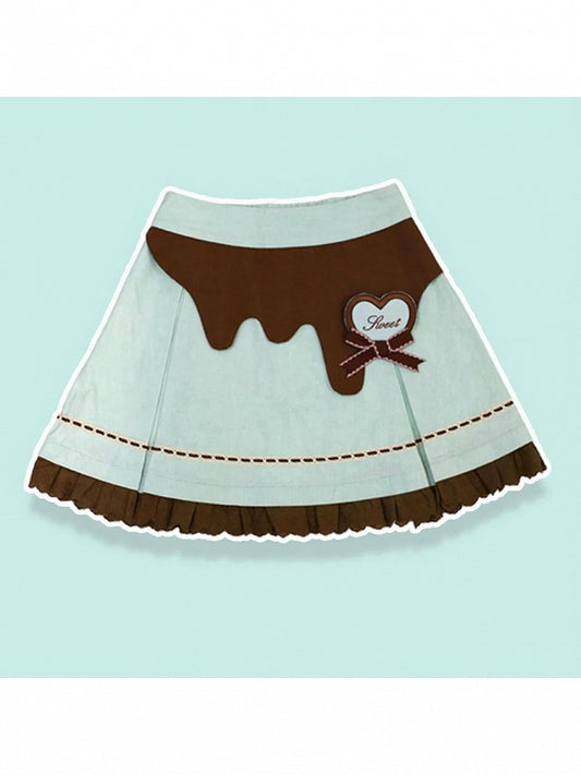 Mint and Cocoa Ruffled Lace Skirt with Heart Bow Brooch - Sweet Dream
