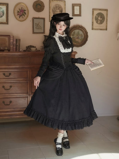 Top Elegant and Classic - Lolita + Set Long Version Juliette Skirt Bowtie White Sleeves Hat Black