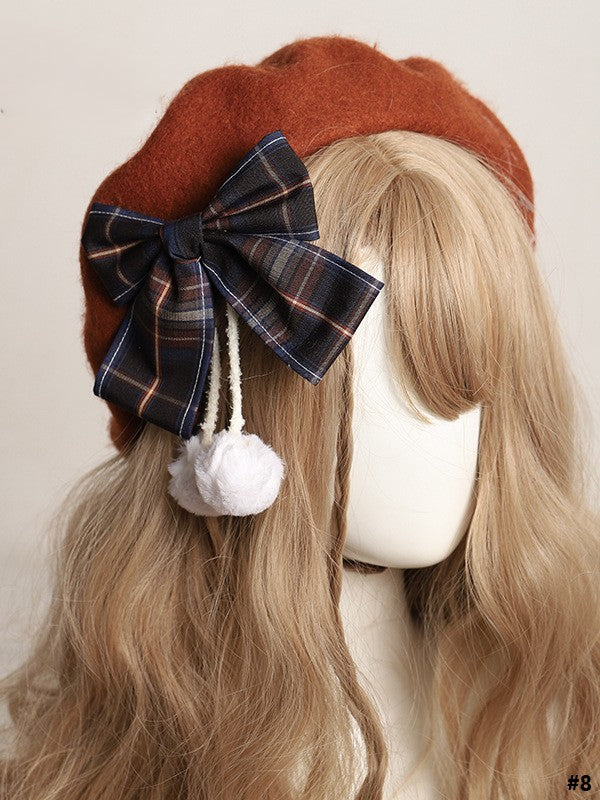 14 Color Options Plaid Bow Beret with Pom-Pom Accents