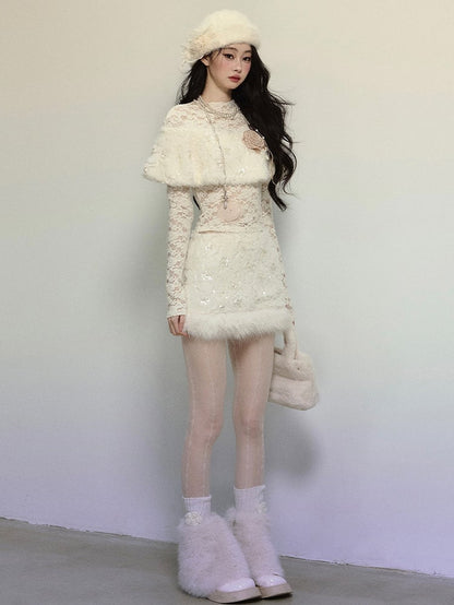 Aprikosenblüten verziertes Plüsch-Schal-Spitzenoberteil mit langen Ärmeln