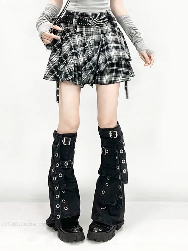 Träger Taschentuch Bein Schwarz + Saum Schnalle Weiß Stulpen Rock Plaid
