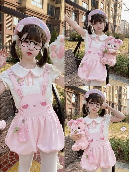 Adorable Bunny Design Pink Overalls Bubble Shorts