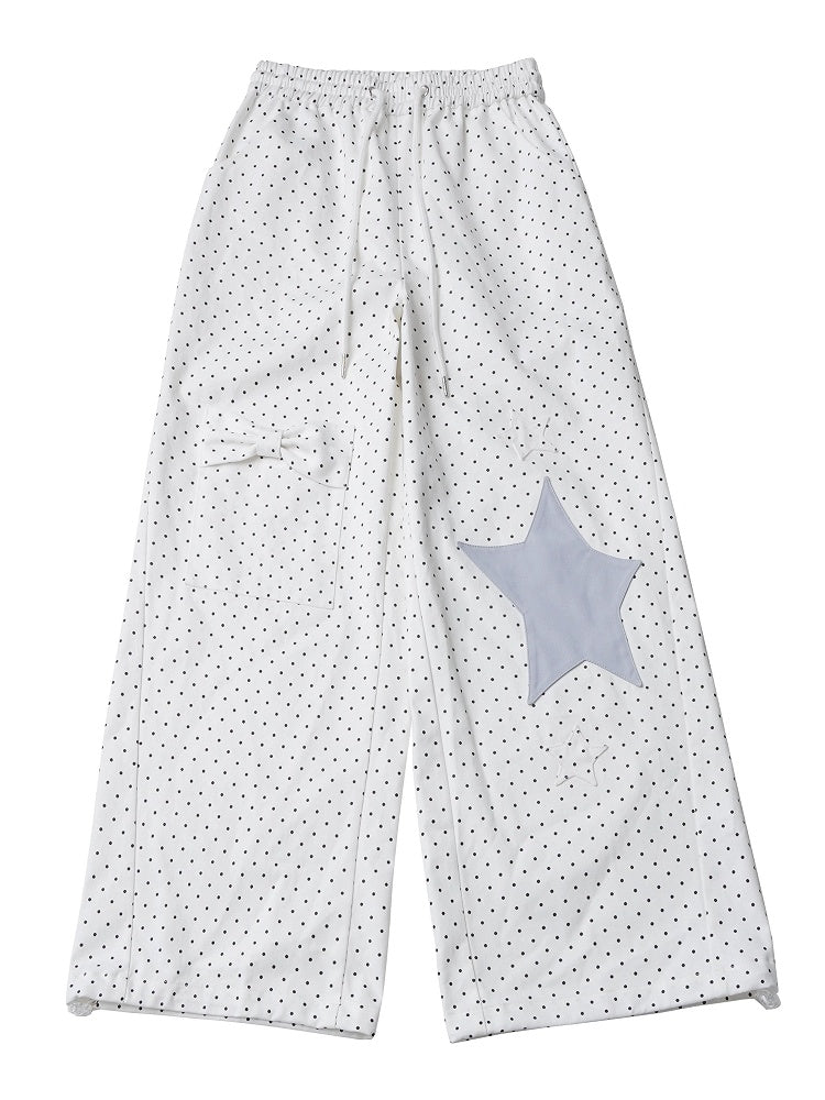 White Straight-Leg Trousers Featuring Light Blue Star Appliqué & Polka Dot Print - PINK SAVIOR