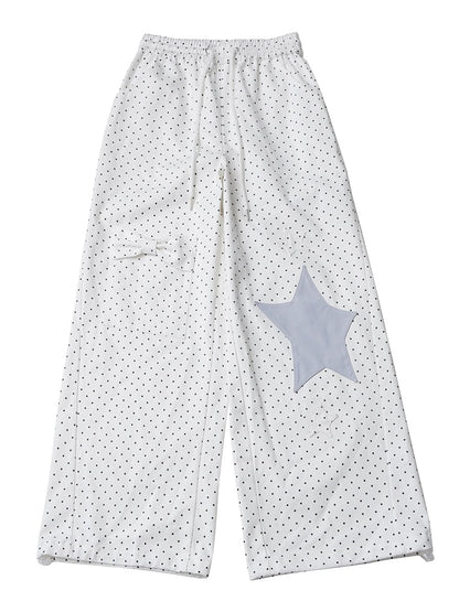 White Straight-Leg Trousers Featuring Light Blue Star Appliqué & Polka Dot Print - PINK SAVIOR