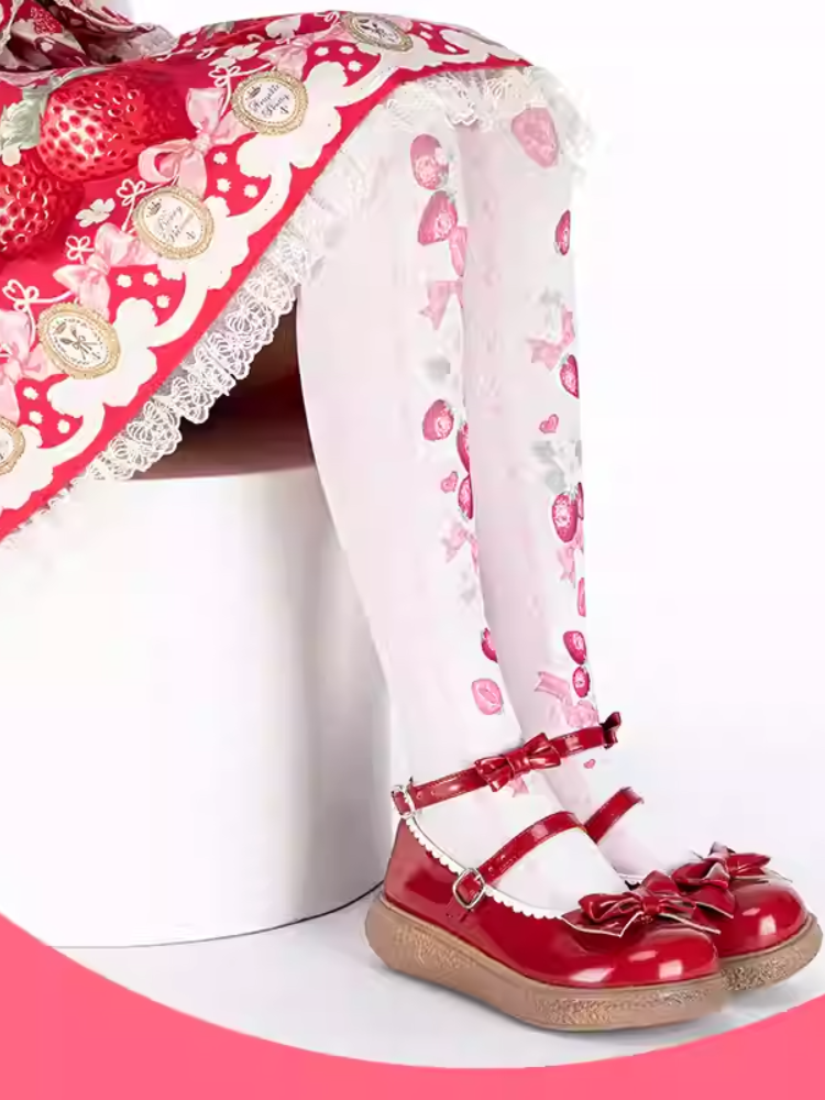 Süße Lolita-Overknee-Strümpfe mit Erdbeer-Print in Rosa