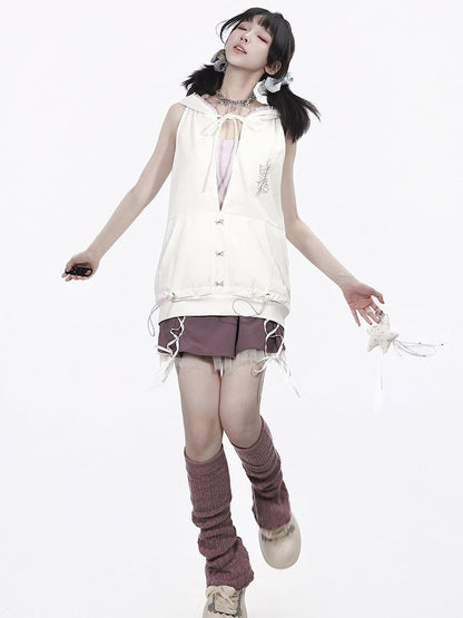 Chic White Sleeveless Hoodie with Purple Tube Top Set
