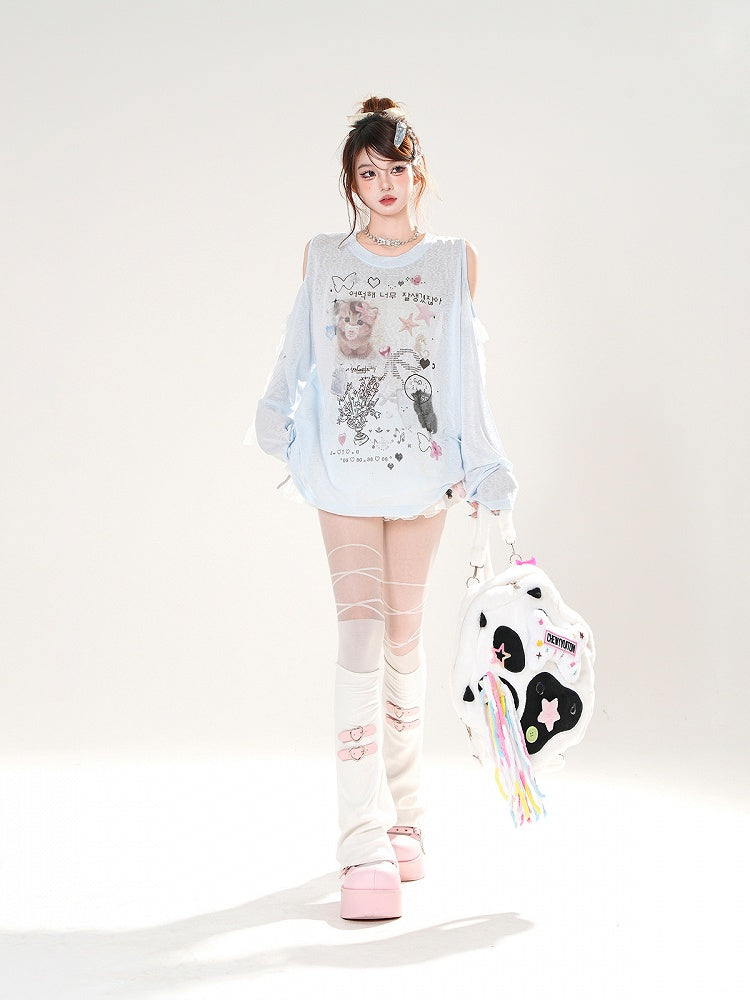 カットアウトセミシースルーショルダーキュートカバーアップブルー/ホワイトキティプリント