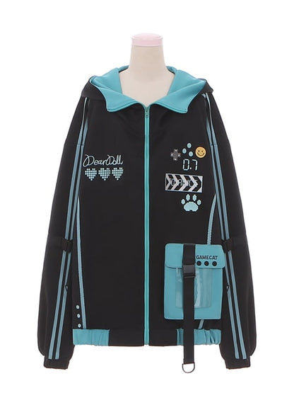 フード付きテックウェア ブラックフューチャリスティックジャケット ブルー＆サイバーパンク