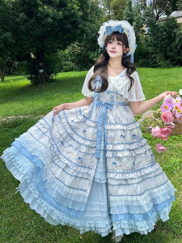 Ruffles White Floral Version Short Blue Lolita Classic Print Elegant Layered Dress