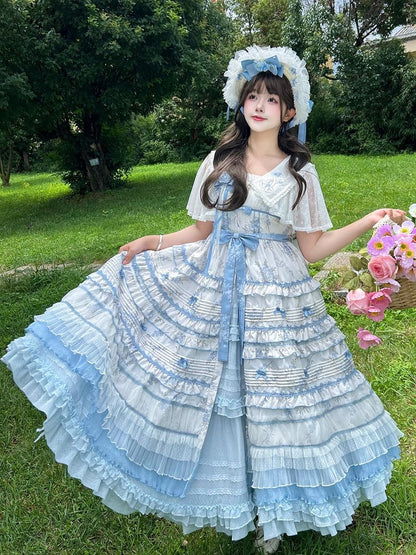 Ruffles White Floral Version Short Blue Lolita Classic Print Elegant Layered Dress
