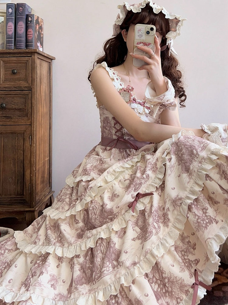 Print Length Dress Dusty Grapes Hem Detachable Purple Changeable Lolita