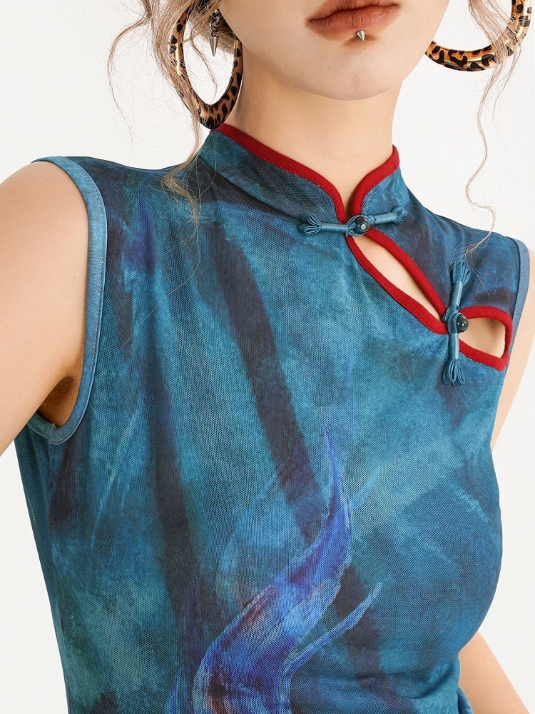 Sleeveless Blue Cheongsam Short Dress with Horse Motif
