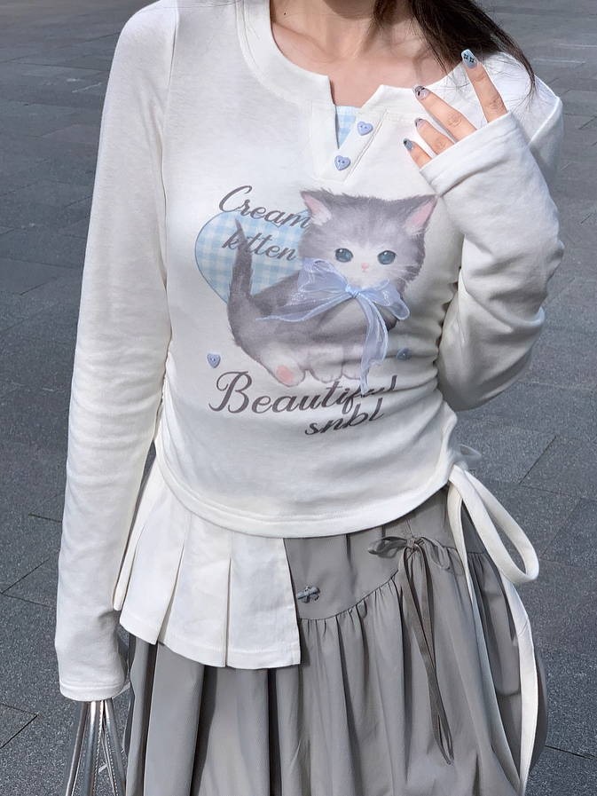 Adorable Cartoon Kitty Print Sweetheart Two-pieces Top Button Details White Faux